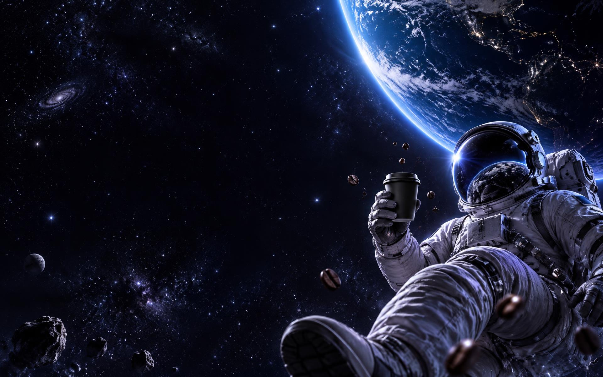 an astronaut holding coffee while floating beneath earth